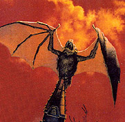 detail from Bat Out Of Hell cover art by Richard Corben, showing a giant bat upon a steeple