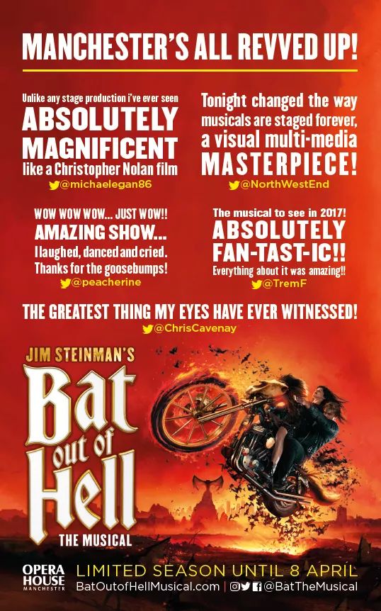 promotional poster for Bat Out Of Hell The Musical at Manchester, 2017. Text Description follows.