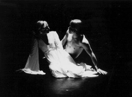 Baal (Richard Dunne) and Wendy (Ellen Foley) converse, seated on the floor. Jim Steinman's Neverland, 1977