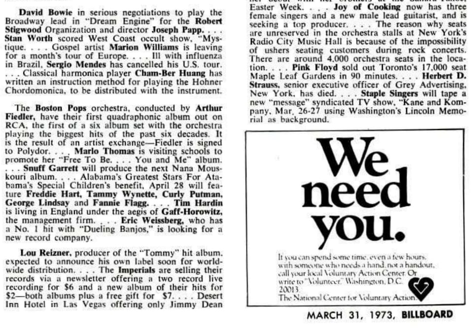 news clipping about recruiting David Bowie for Jim Steinman's Dream Engine, 1973