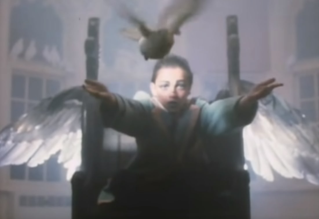 boy throwing dove, not shirtless at all